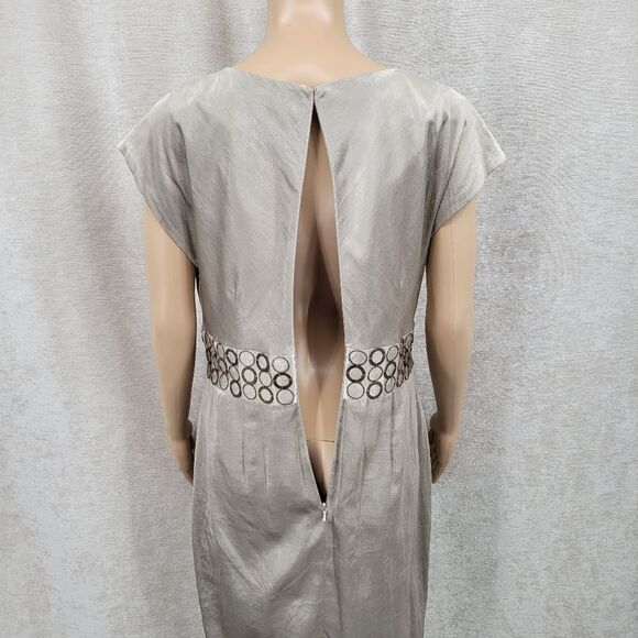 Ellen Tracy Champagne Satin Plunging Cowl Neckline Cap Sleeves Midi Sheath Dress - Picture 7 of 10